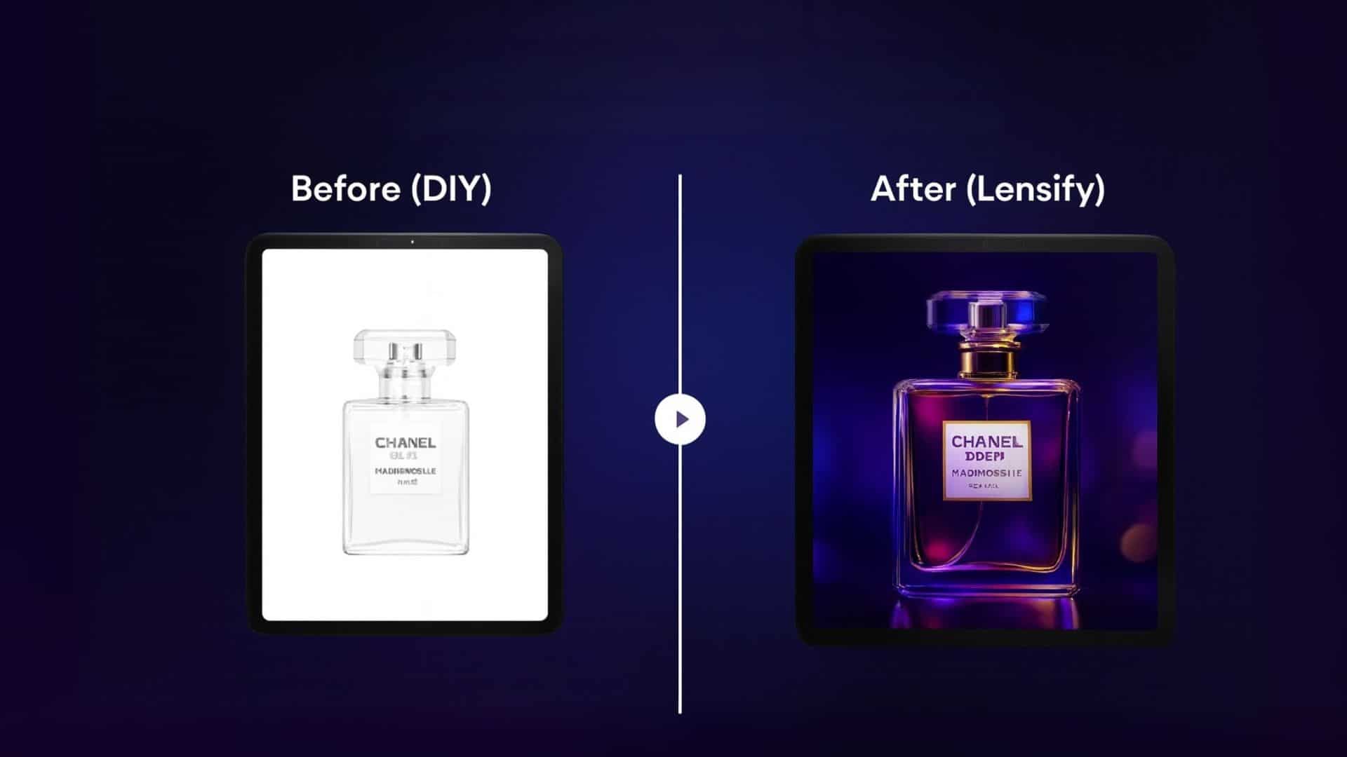 Chanel perfume bottle before and after color enhancement with Lensify, showcasing the difference between DIY editing and professional AI-powered photo editing for product images.